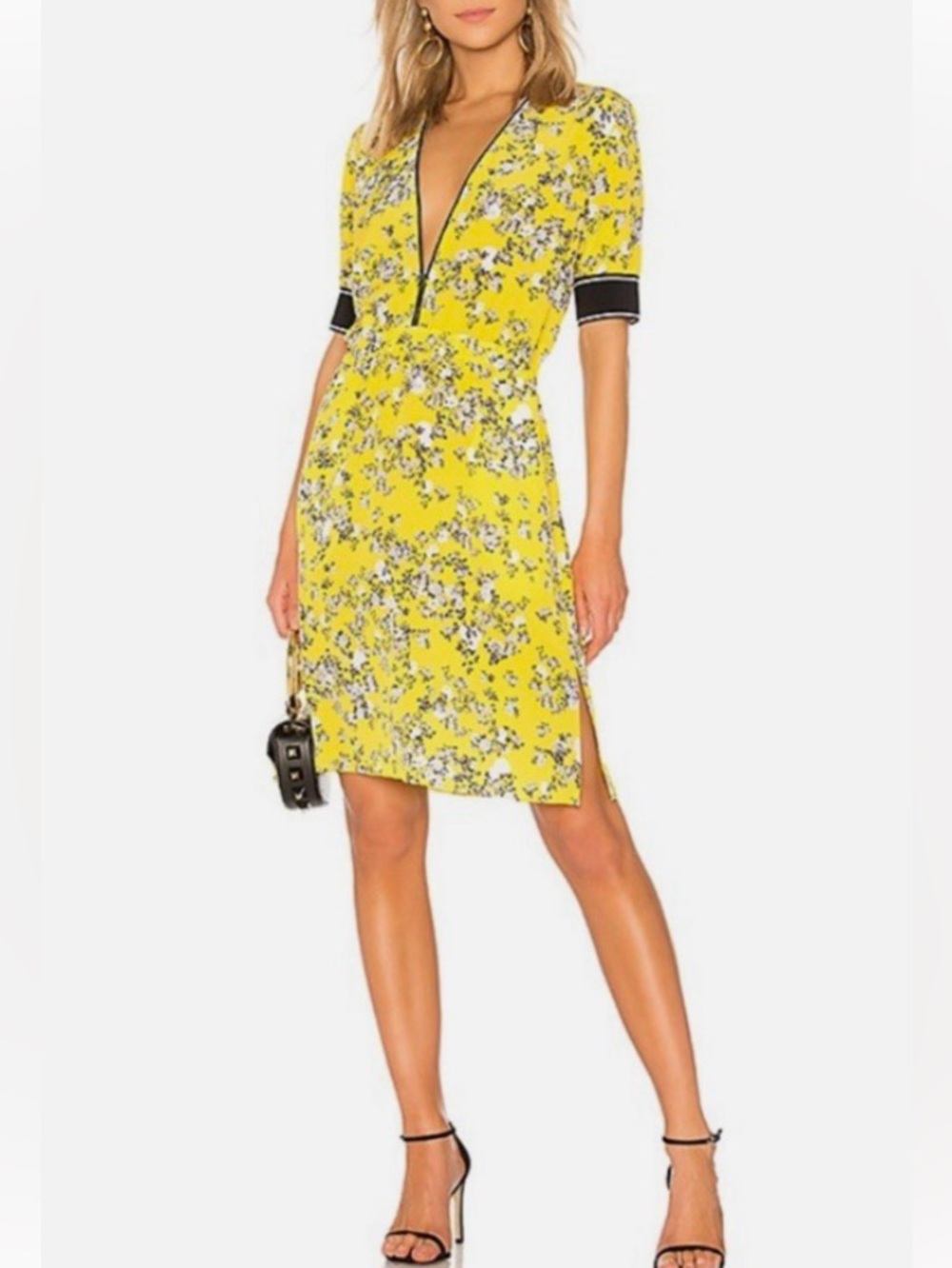rag & bone silk Yellow Floral V-Neck Midi Dress with Black Trim